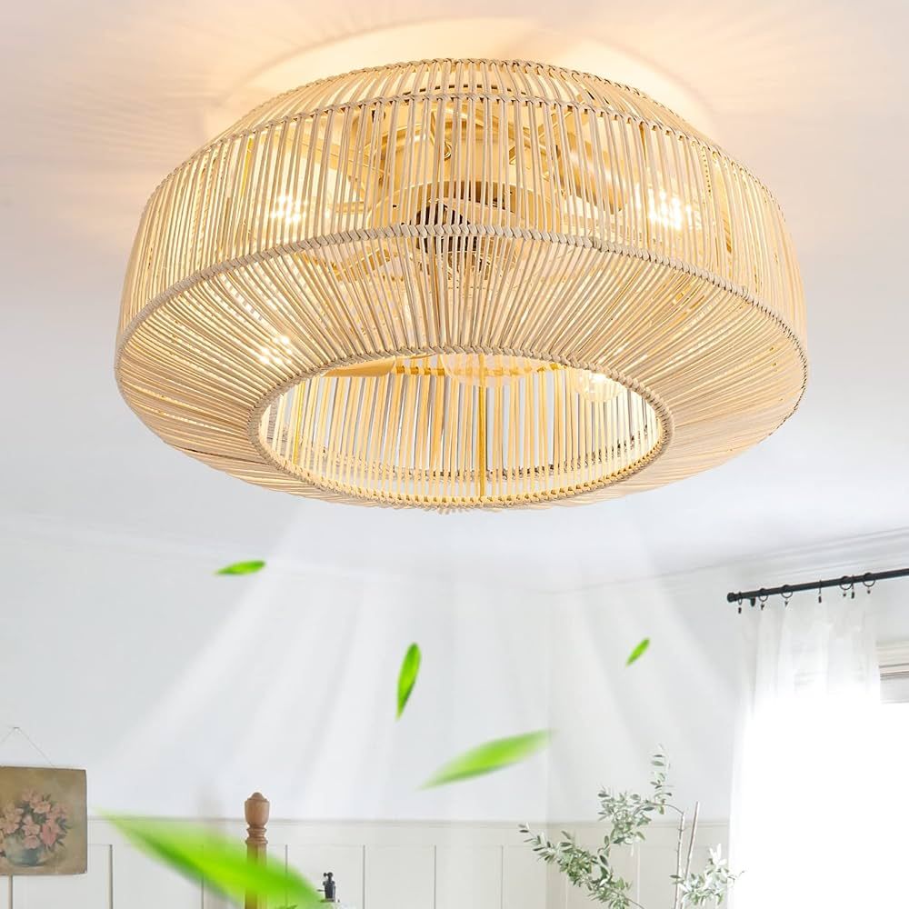 zheshirui 20" Boho Caged Ceiling Fan with Lights Flush Mount, Low Profile Rattan Ceiling Fans wit... | Amazon (US)