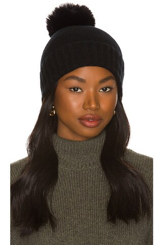 Hat Attack Cashmere Slouchy Cuff Beanie with Faux Fur Pom in Black from Revolve.com | Revolve Clothing (Global)