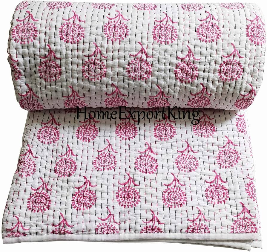 HomeExportKing Pink Floral Kantha Quilt Bedspread Kantha Razai Cotton Filling Handmade Hand Block... | Amazon (US)
