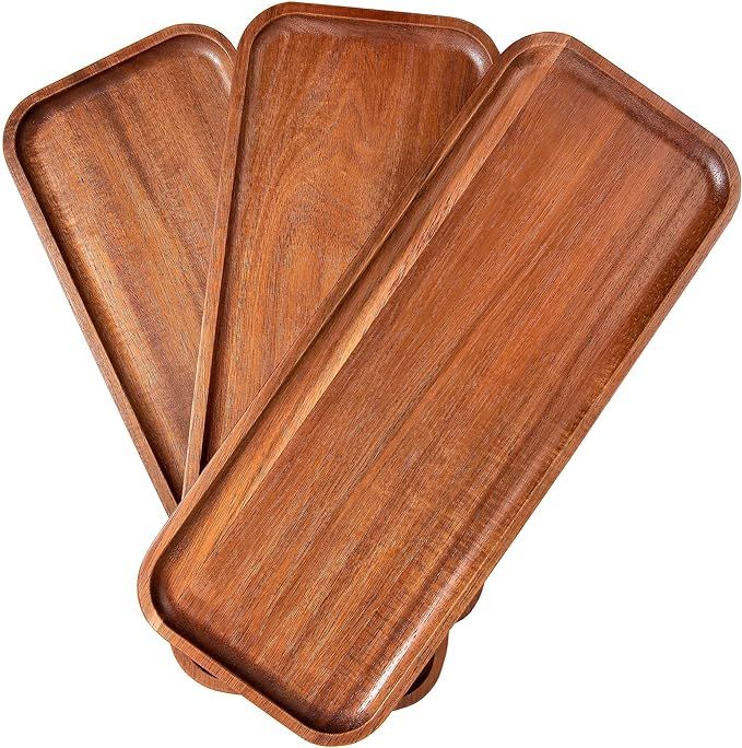 Solid Acacia Wood Serving Trays (14 x 5.5 inches) Rectangular Wooden Serving Platters for Home De... | Amazon (US)