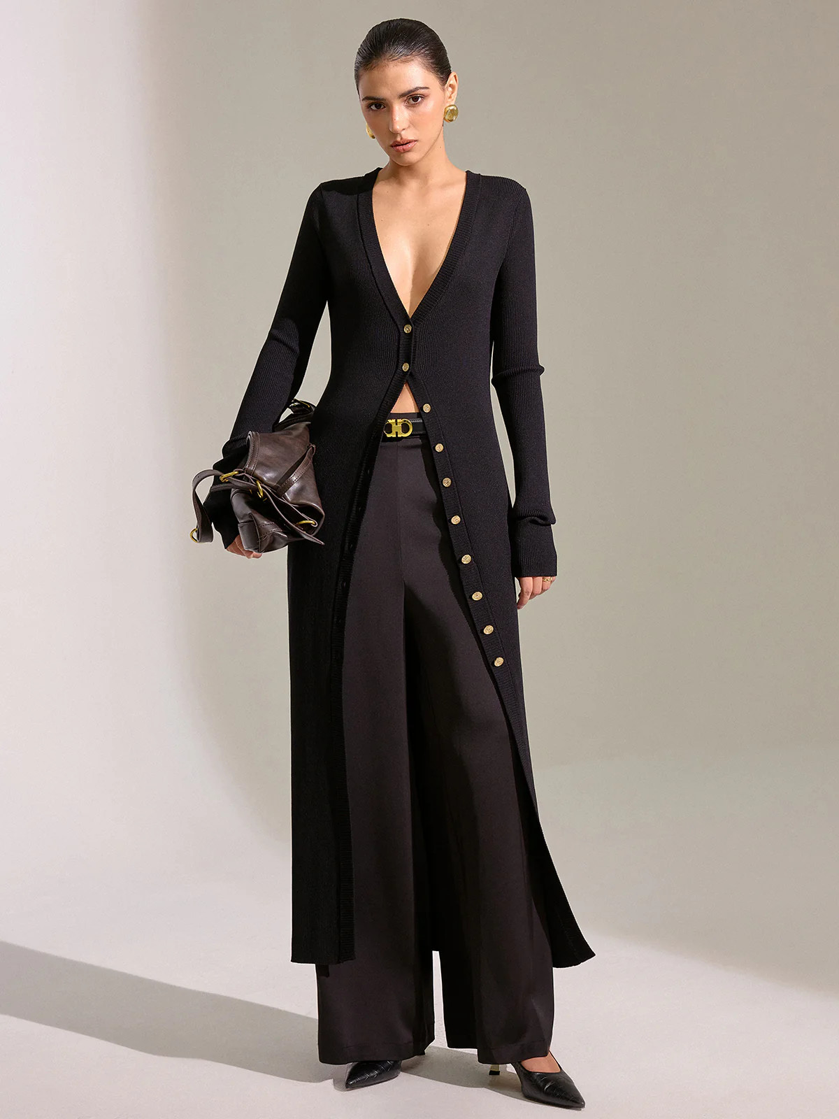 Metal Button Longline Knit Cardigan Dress | Commense