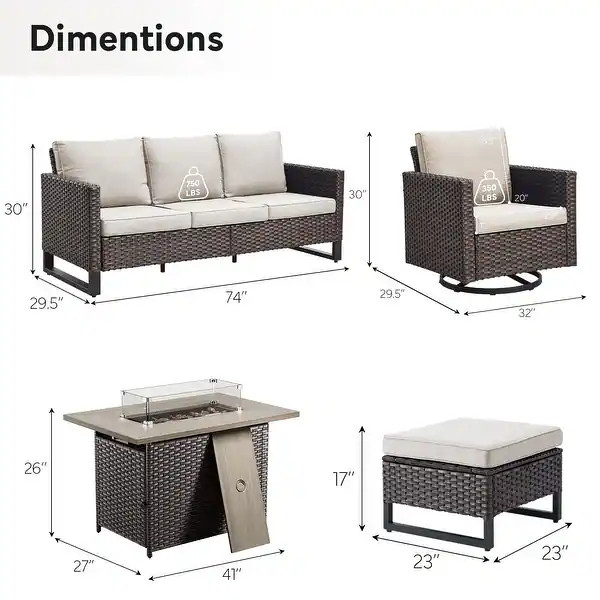 Patio Sofa 2 Swivel Chairs Ottomans and Fire Table Brown-Beige - Brown | Bed Bath & Beyond
