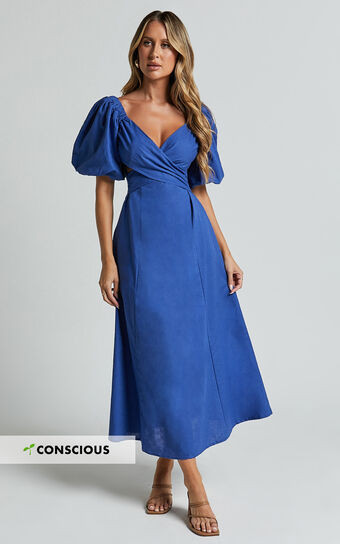 Amalie The Label - Janae Linen Blend Puff Sleeve Cut Out Midi Dress in Blue | Showpo (ANZ)