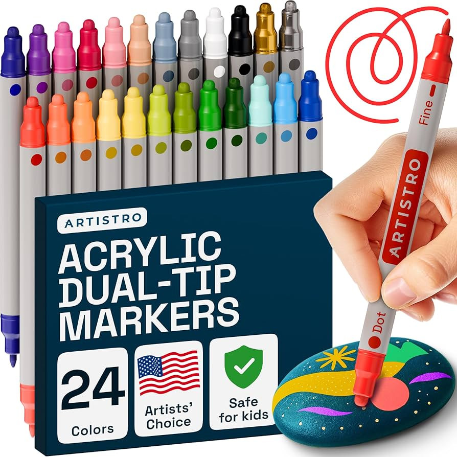 ARTISTRO Acrylic Paint Markers for Rock, Fabric, Wood, Glass, Craft - 24 Quick Dry Dual-Tip Paint... | Amazon (US)