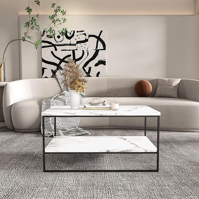Tilly Lin 35" White Marble Coffee Table for Living Room, Faux Marble 2 Tier Coffee Table with Sto... | Amazon (US)