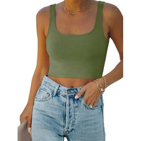 REORIA Square Neck Crop Tank for Women Seamless Ribbed Tank Basic Slim Fit Crop Tops | Walmart (US)