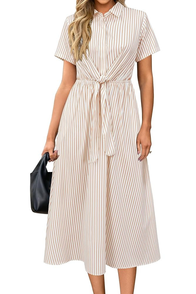 Newshows Womens Wear to Work Teacher Business Casual Outfits Long Dresses Tie Waist Shirt Dress A... | Amazon (US)