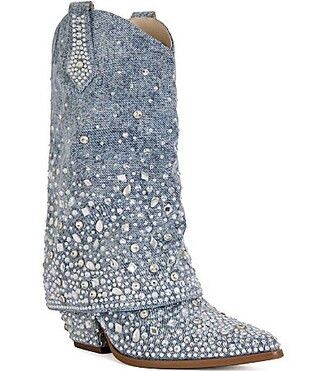 Azalea Wang Christos Denim Rhinestone Western Boots - 6 | Dillard's