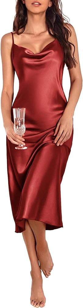 Ekouaer Womens Satin Nightgown Spaghetti Straps Elegant Midi Dress Sleepwear Cowl Neck Chemises S... | Amazon (US)