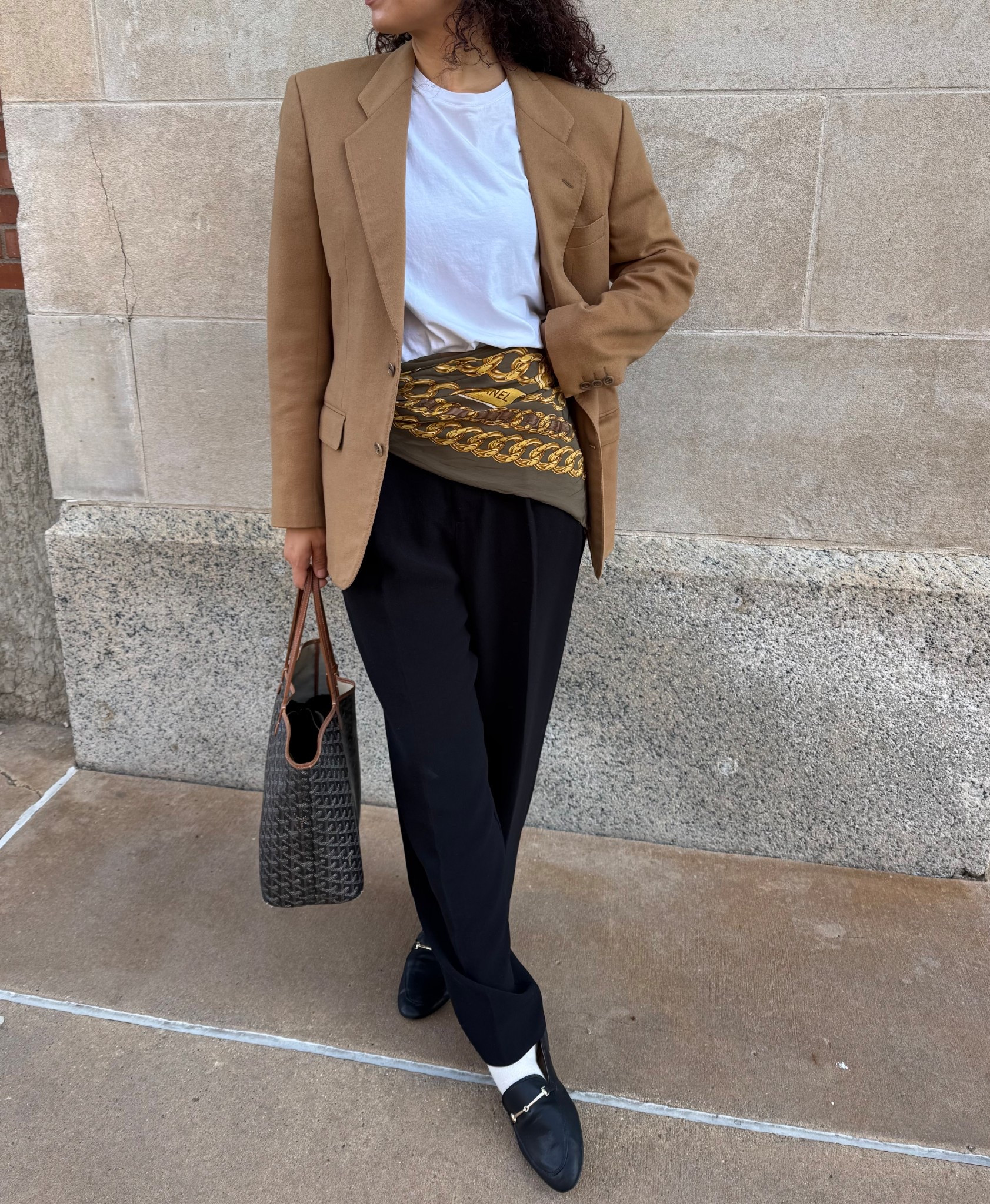Trying out the scarf waist outfit trend with black pants, a white t-shirt, camel blazer, loafers, tote bag, and vintage Chanel scarf 

#LTKWorkwear #LTKStyleTip #LTKSeasonal