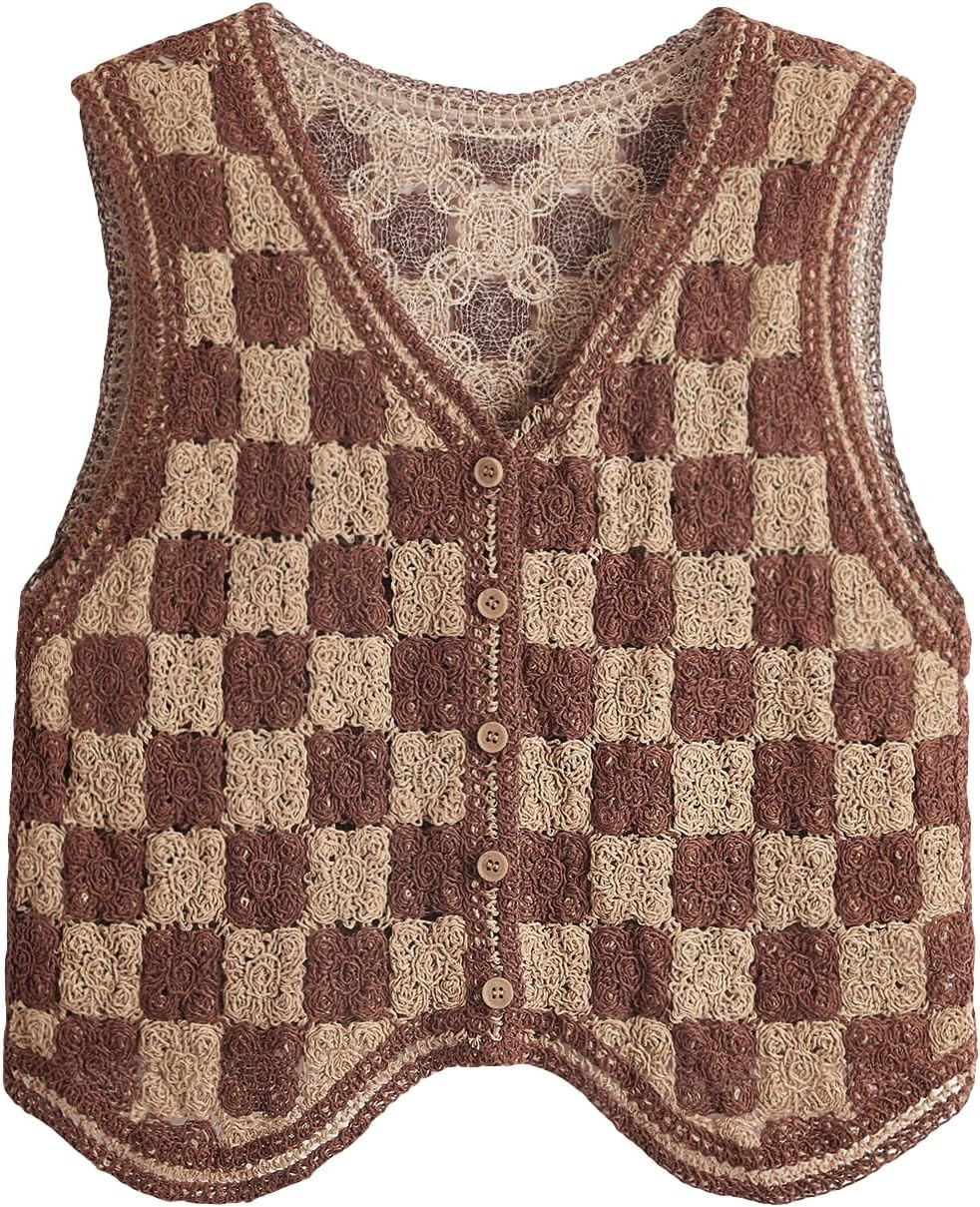 Verdusa Women's Button Front V Neck Sleeveless Checkered Knit Sweater Vest | Amazon (US)
