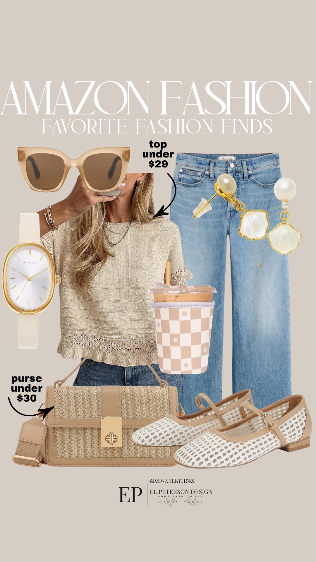 Amazon Fashion
Jeans
Sweater top
Maryjane flats
Purse
Watch
Earrings
Sunglasses
Watch
Cup sleeve 
