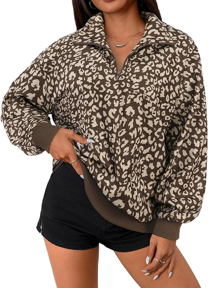 Hilinker Womens Cheetah Print Oversized Sweatshirt Half Zip Pullover Corduroy Long Sleeve Tops | Amazon (US)