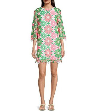 Lilly Pulitzer Jouri Sunshine Tile Lace Crew Neck 34 Sleeve Dress - 4 | Dillard's