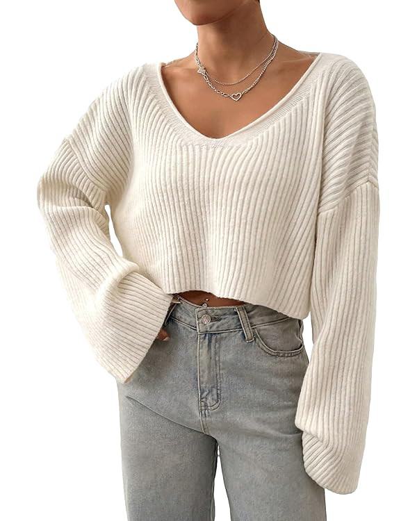 Floerns Women's Long Sleeve Pullover V Neck Drop Shoulder Rib Knit Sweaters Top | Amazon (US)