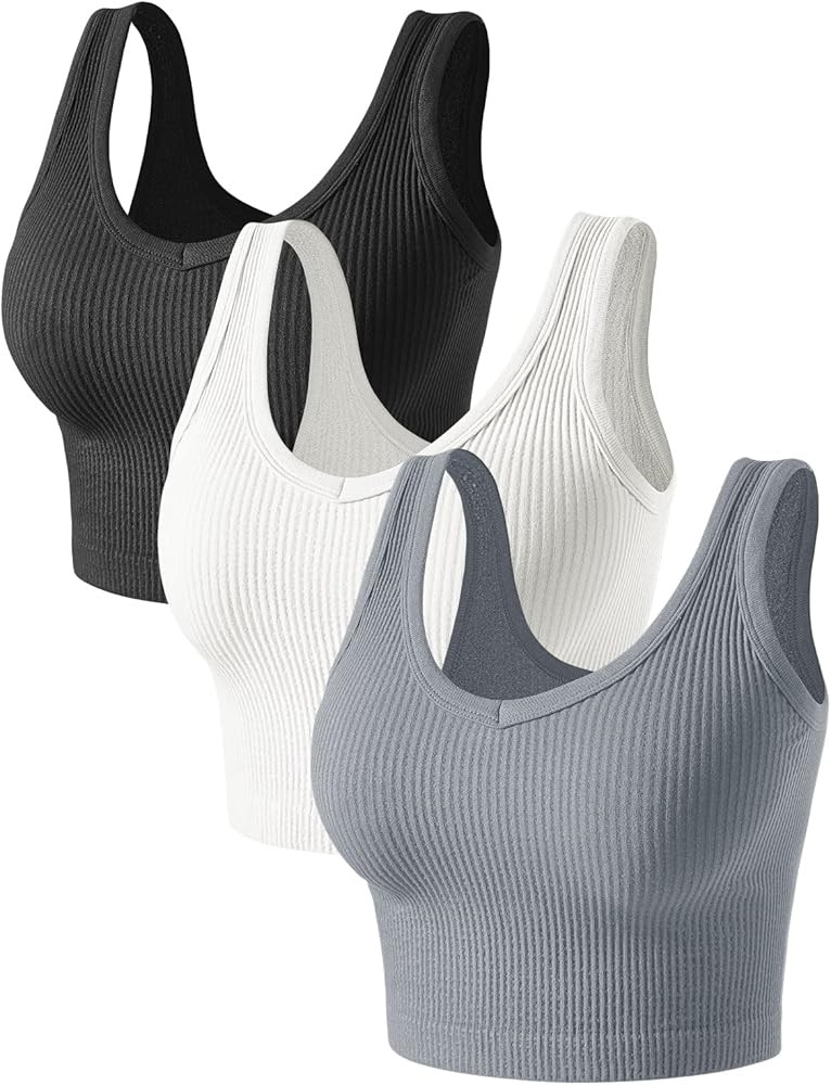Womens Crop Tops Basic Sleeveless Both V-Neck and Round Neck 3 Pieces Black White Ribbed Seamless... | Amazon (US)