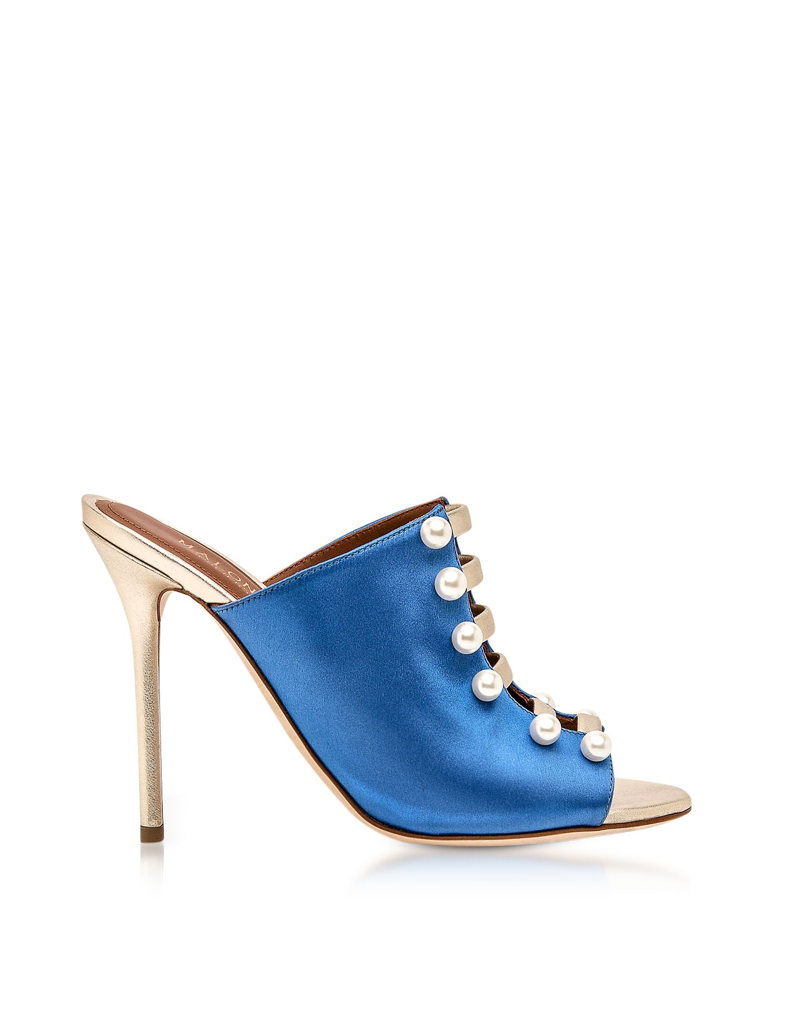 Malone Souliers Designer Shoes, Zada Blue and Platinum Satin High Heel Mules | Forzieri US & CA