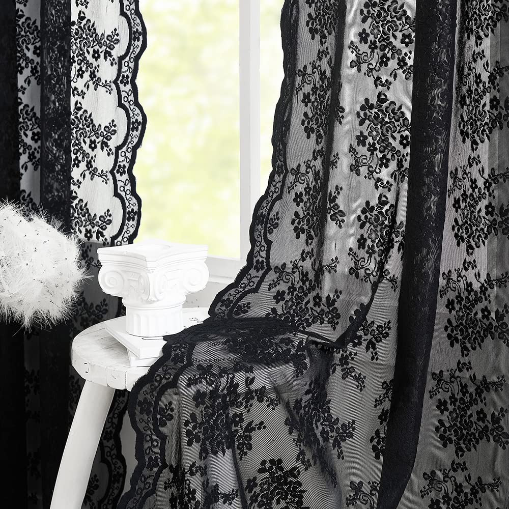 YJ YANJUN Black Lace Curtains 2 Panels - Vintage Floral Black Sheer Curtains 63 inch Length Roman... | Amazon (US)
