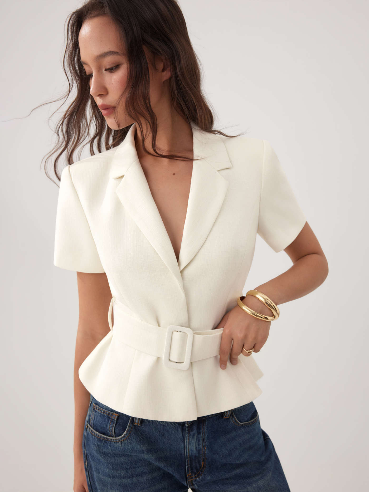 Woven Collar Short Sleeve Peplum Belted Blazer With Shoulder Pads For Work | Cider