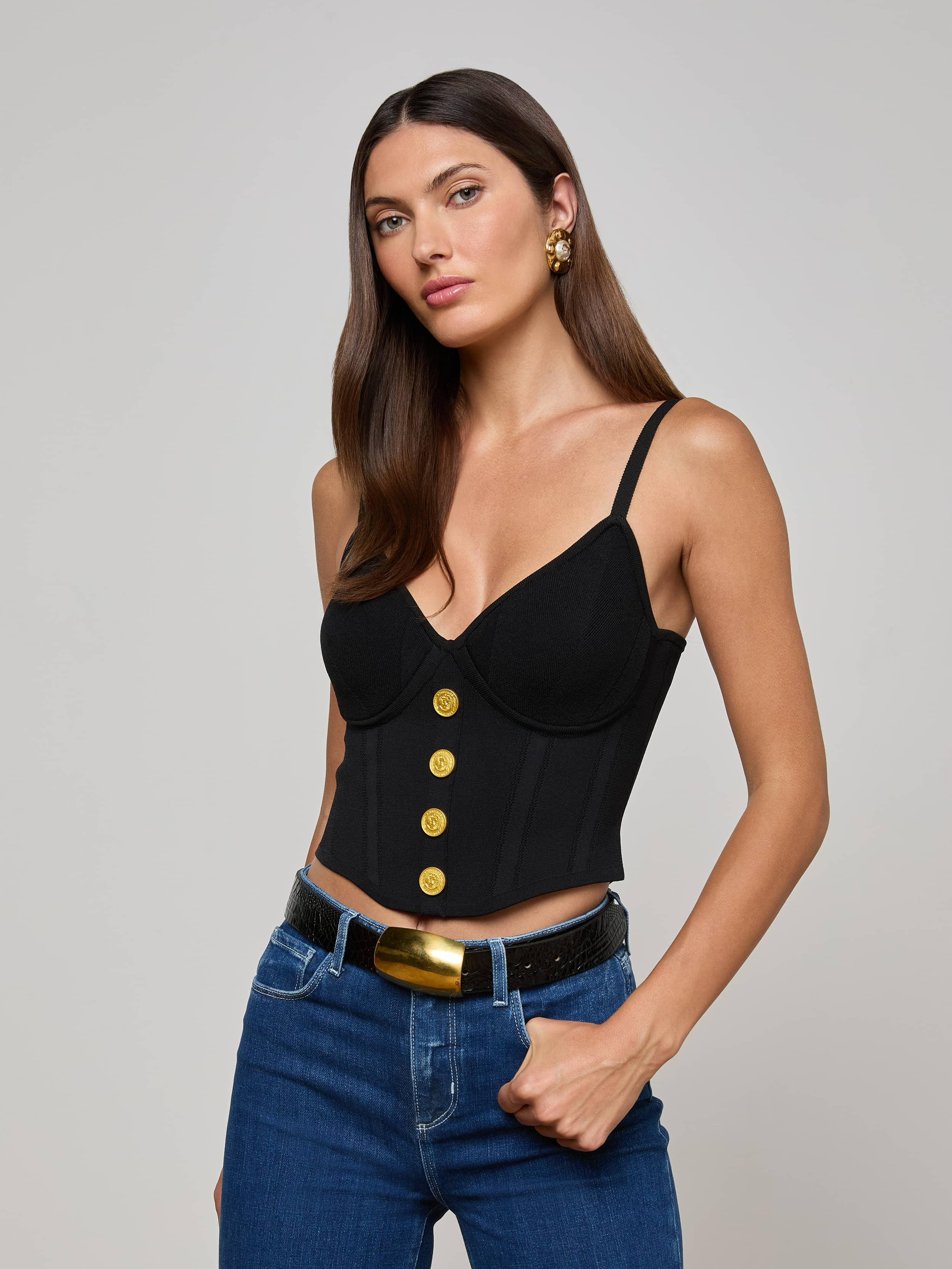 Artemis Knit Corset Top in Black/Gold | L'AGENCE | L'Agence