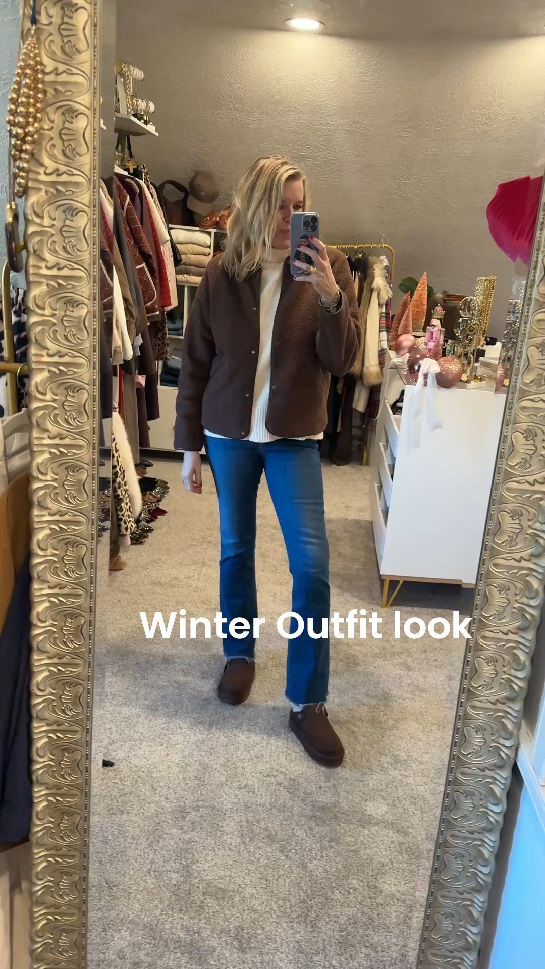 Winter outfit look
A couple of affordable chic pieces from Amazon 

Sherpa jacket with faux leather trim. Snap buttons, true to size in a med and comes in several colors. 

Light weight knit turtleneck sweater, loose fit, yet straight and not baggy. Tts comes in several colors and a great winter basic 

Slouchy socks, comfy, warm and a cute detail. 

Splurge jeans  by mother denim 
Flared Frayed hem fit tts I am in 27 

Rebeca Allen suede & Sherpa shoes with adjustable heel strap for slip ons  tts comes in 4 colors mine are chocolate brown suede.

Manufactured diamond stud earrings. 




#LTKootd #LTKFindsUnder50 #LTKOver40