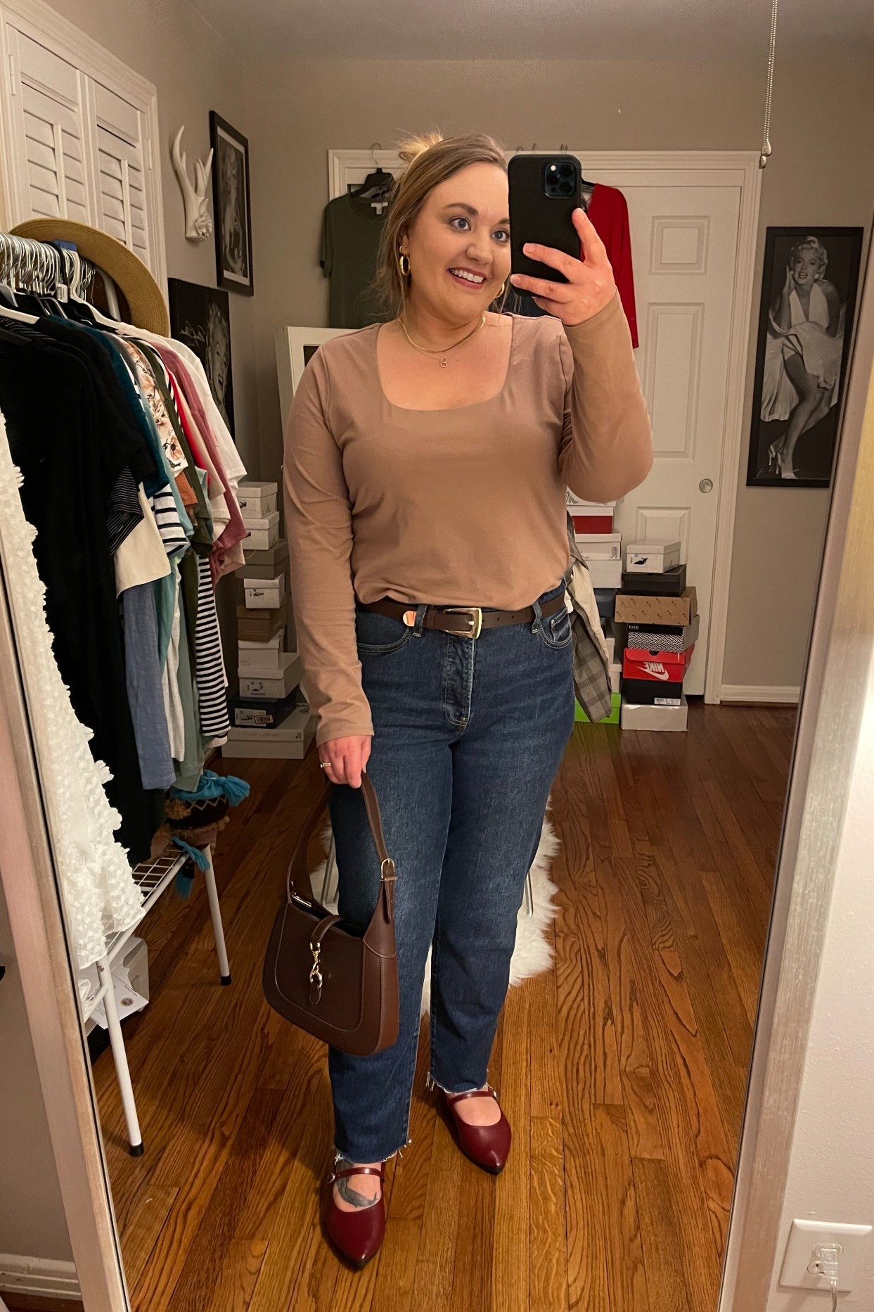 Thanksgiving outfit, Double layer tee, old navy outfit, fall style, fall outfit, ankle jeans, OG jeans, brown and gold belt, chocolate belt, chocolate handbag, brown and gold handbag, Mary Jane flats, burgundy flats, pointed toe flats, maroon flats, work shoes, work flats, high waisted jeans, old navy jeans, gold necklaces, gold earrings, gold hoops, electric picks jewelry 

#LTKSaleAlert #LTKMidsize #LTKFindsUnder50