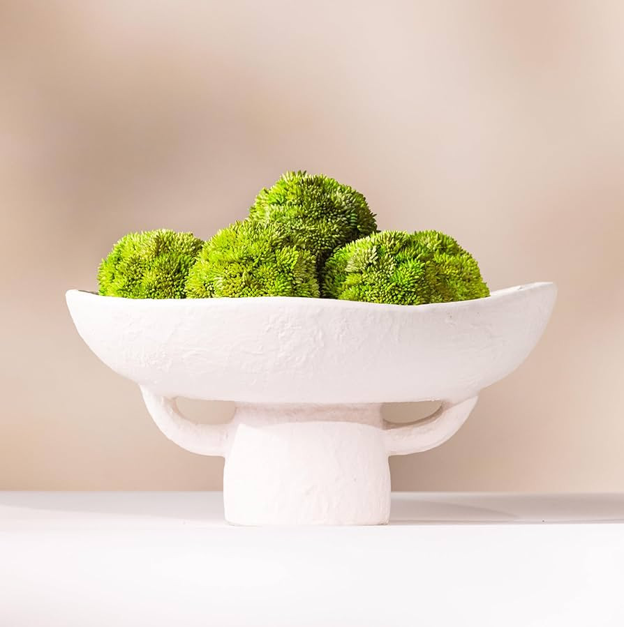 Luxurious White Textured Ceramic Bowl and Greenery Set,12.5x10.5 Inch Pedestal Decorative Bowl, with 6 Green Succulent Moss Balls, Counter Top, Farmhouse Table Centerpiece, Living Room, Kitchen Decor | Amazon (US)