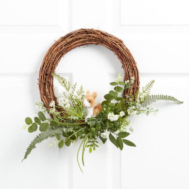 Faux Fur Bunny and Spring Greenery Wreath | World Market