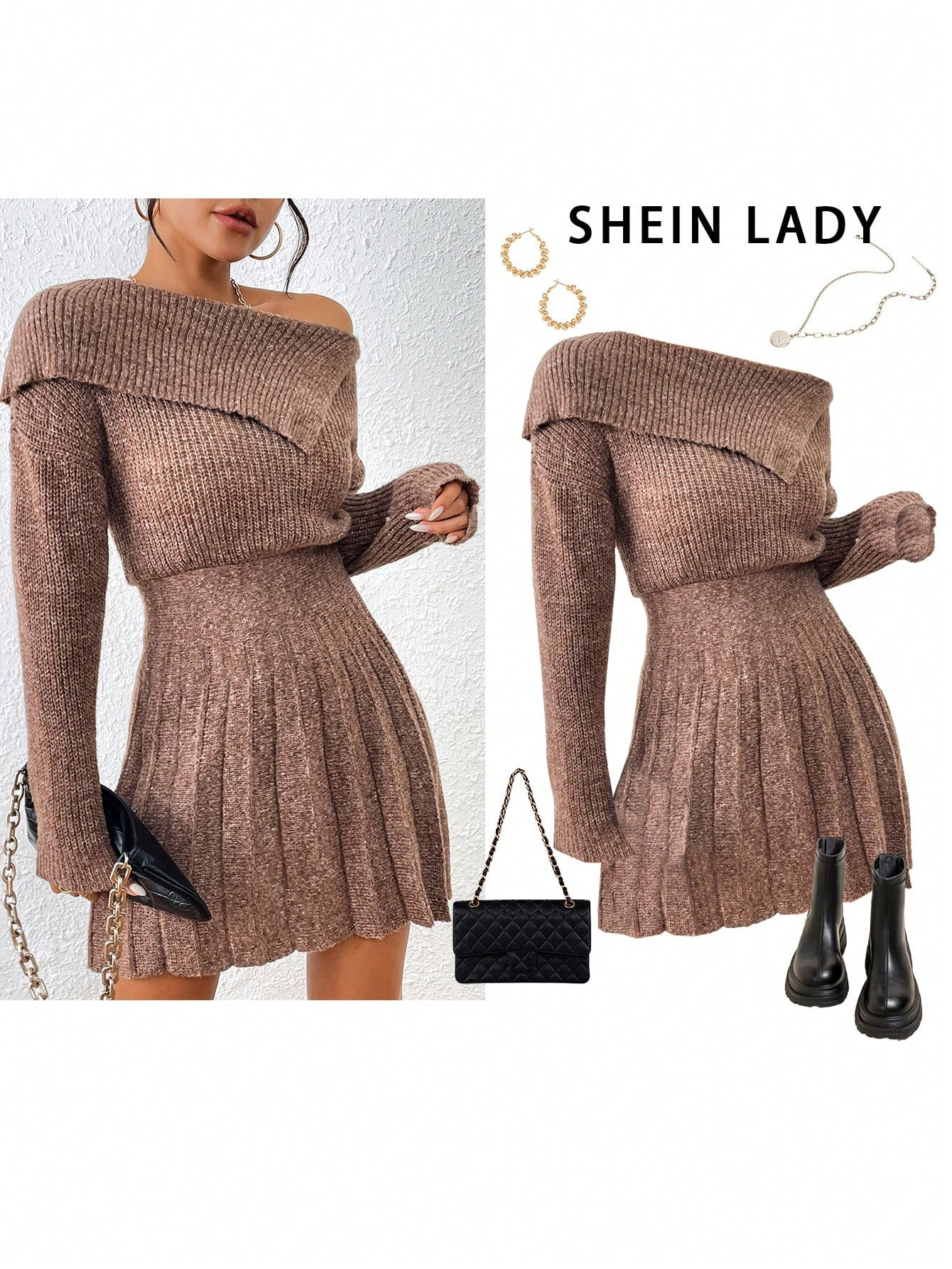 SHEIN Privé French Temperament High-End Knitted Skirt Waist Dress High-Waisted Skirt Short Skirt... | SHEIN
