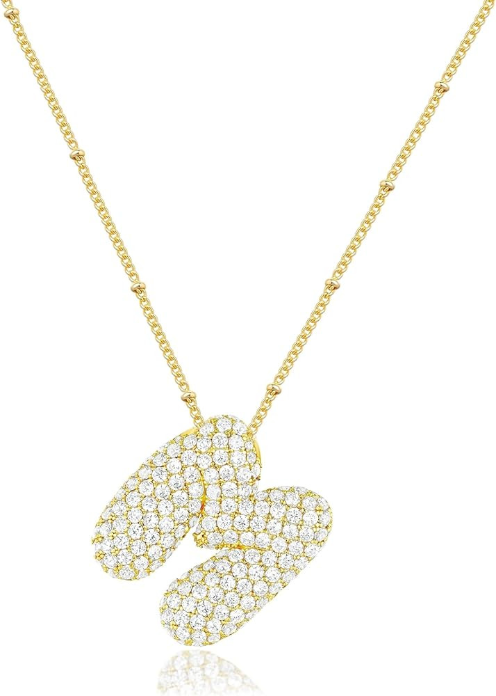 Bubble Letter Necklace Gold for Women 14K Gold Plated Cubic Zirconia Balloon Initial Necklace Dia... | Amazon (US)
