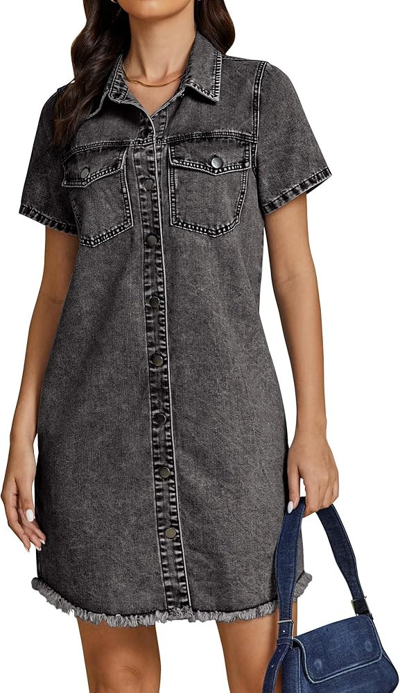luvamia Denim Dresses for Women Distressed Summer Short Sleeve Button Down Collared Raw Hem Jean ... | Amazon (US)
