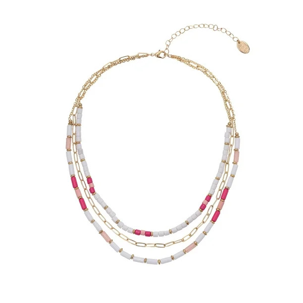 Time and Tru Women's 3 Row Pink Bead & Chain Necklace | Walmart (US)