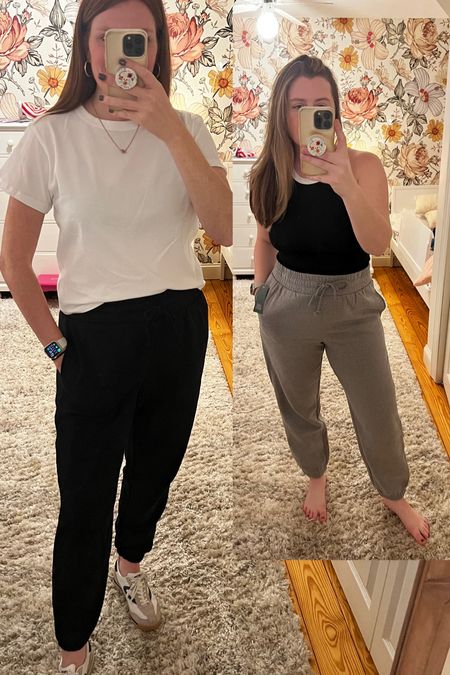 We are both obsessed with these sweatpants! The fit is 👌🏻, they have a thicker very flattering waistband, pockets and are so soft!  Fit is TTS, I am in a medium and karlie is in large. You can see the waist details better on the grey color.