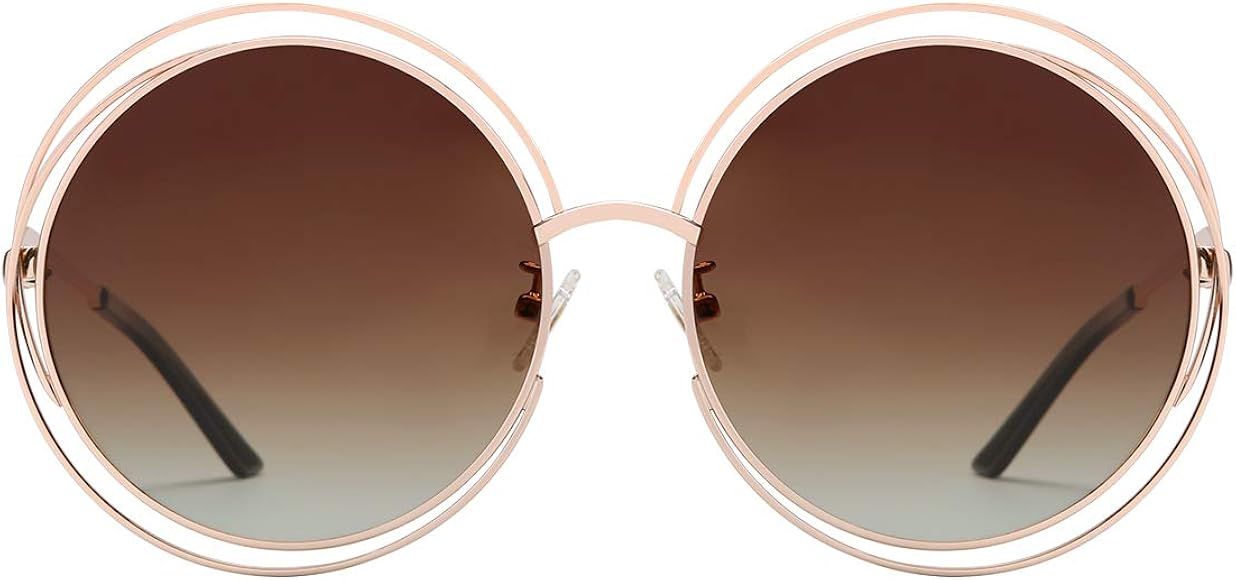 VIVIENFANG Full Metal Double Circle Wire Frame Oversized Round Polarized Sunglasses 86613 | Amazon (US)