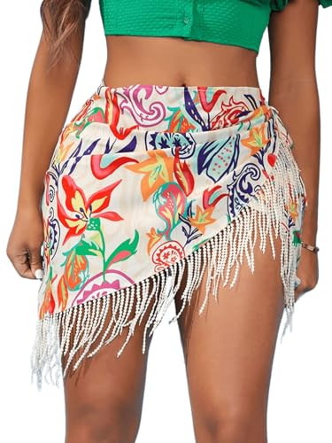 MakeMeChic Women's Floral Tie Side Wrap Tassel Mini Skirt Cover Up Beach Skirt Multicolor XL | Amazon (US)