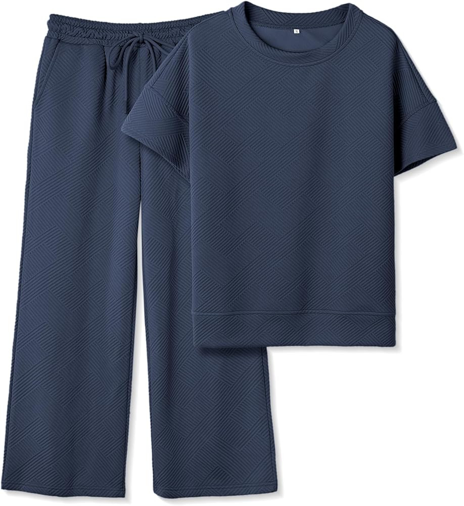 Women's 2 Piece Outfits Textured Sweatsuit 3/4 Batwing Sleeve Crew Neck Pullover Top Wide Leg Pan... | Amazon (US)