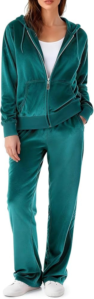 Velour Sweatsuit Tracksuit Womens Velour Sets 2 Piece Outfits Zip up Hoodie Sweatpants Jogger Tra... | Amazon (US)