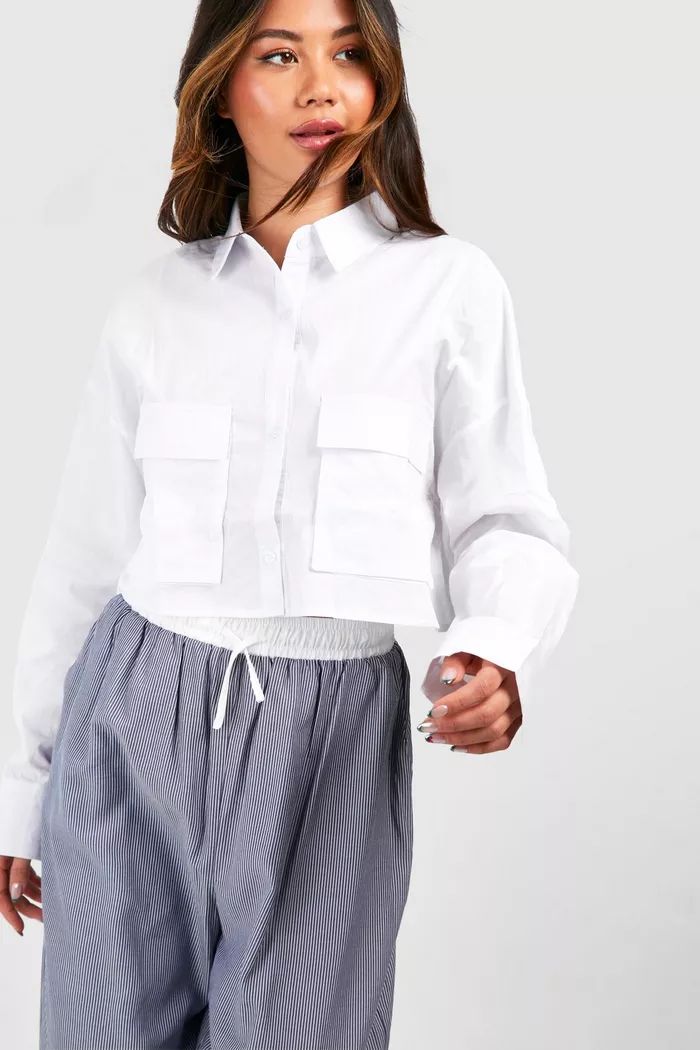 Cotton Double Pocket Cropped Shirt | boohoo (US & Canada)