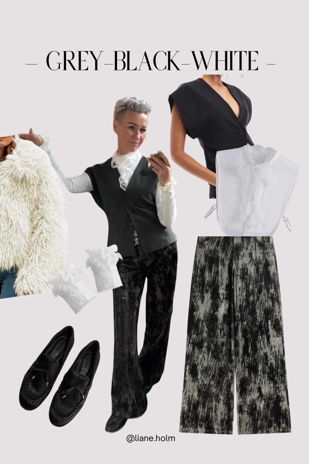 Grey • Black • White — 
a timeless combo that always looks polished.
Structured vest, soft ruffles, statement pants and classic loafers. Effortless chic for everyday style.

#ltkstyle
#ltkfashion
#monochromestyle
#classicoutfit
#styleover40

#LTKstyletip #LTKbeauty #LTKshoes