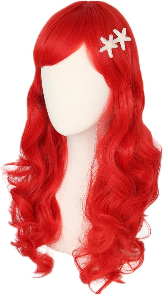 Kids Girls Wig and Starfish Hair Clip Red Long Wavy Princess Wig Halloween Costume Party Wigs | Amazon (US)