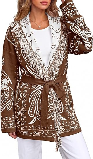 Saodimallsu Womens Fall Tassel Shawl Collar Cardigan Paisley Wrap Sweaters | Coats with Belt,Long... | Amazon (US)