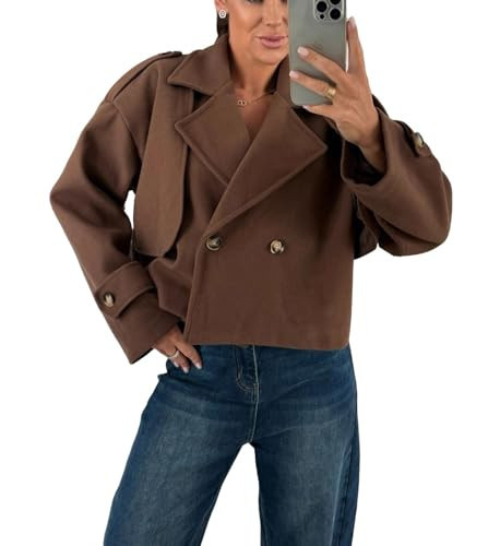 utcoco Women's Cropped Trench Coat Double Breasted Lapel Collar Short Jacket Long Sleeve Fall Winter Outerwear (Large, Brown) | Amazon (US)