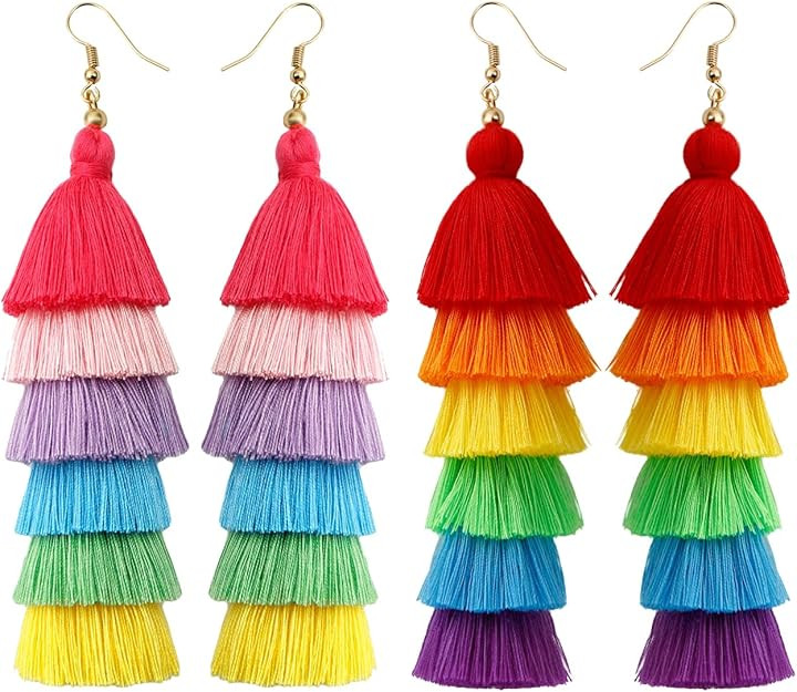 Eigso Women 3-9 Pairs Colorful Long Tassel Thread Ball Dangle Earrings Boho Black Red Sequin Drop... | Amazon (US)