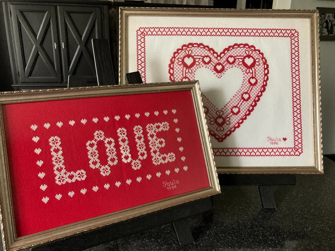 Set of 2 Hand Made Cross Stitch Framed Art LOVE and Hearts Red and White Stitched Valentine Day W... | Etsy (US)