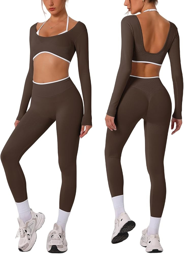 Workout sets for women Long Sleeve Adjustable halter strap Crop Top and Anti-squat Pants for gym,... | Amazon (US)