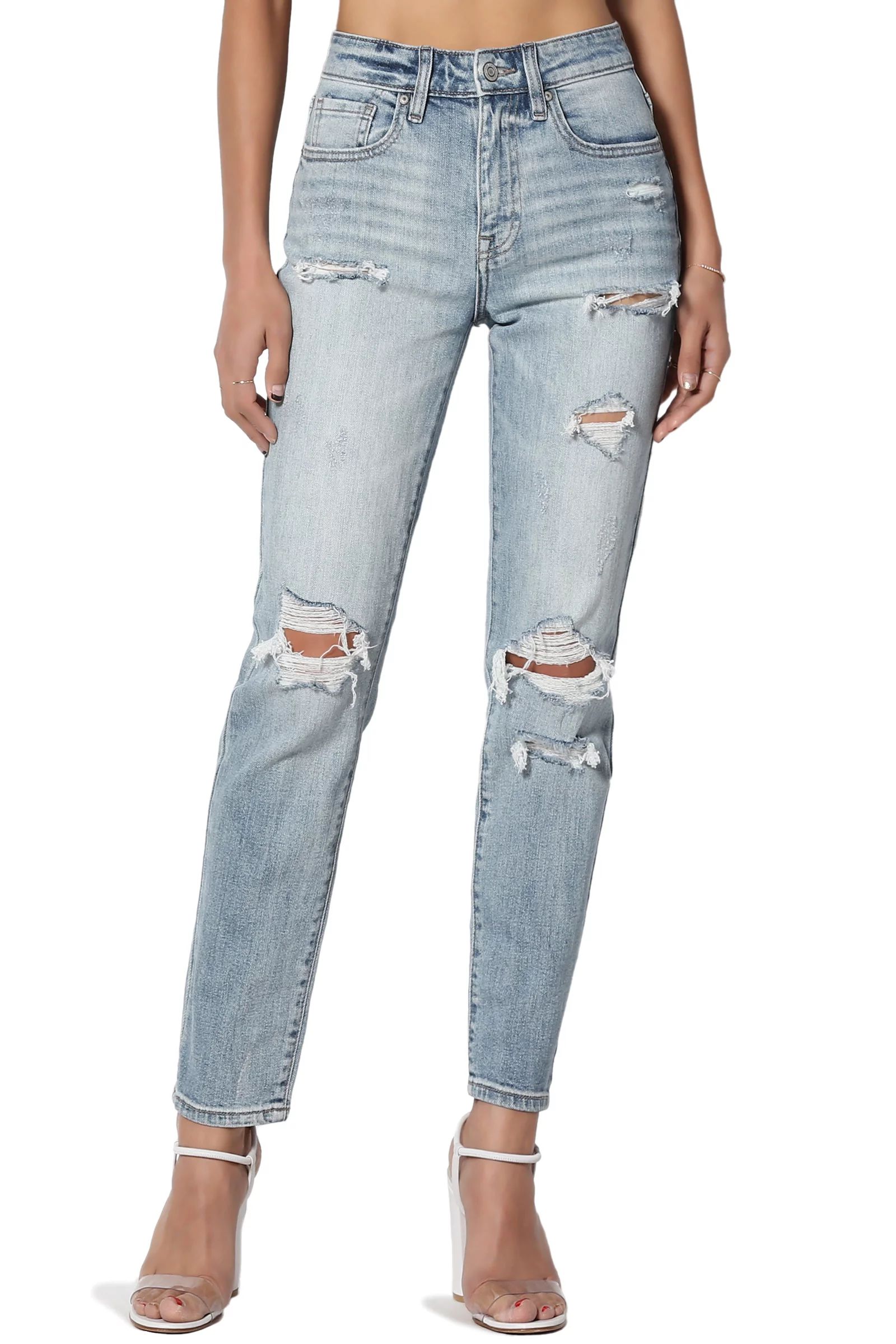 TheMogan Women's Tobi High Rise Distressed Relaxed Tapered Cropped Leg Mom Jeans | Walmart (US)