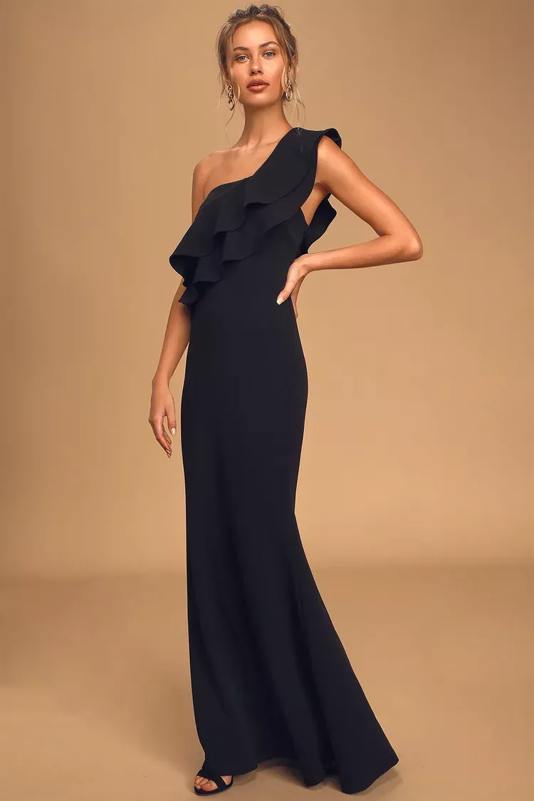 Blissfully Beautiful Black Satin Strapless Tiered Maxi Dress