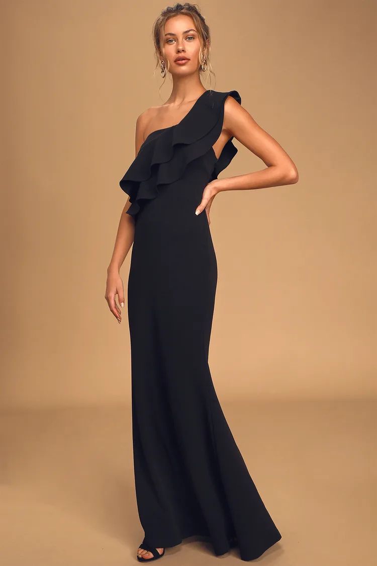 Grand Beauty Black Ruffled One-Shoulder Mermaid Maxi Dress | Lulus (US)