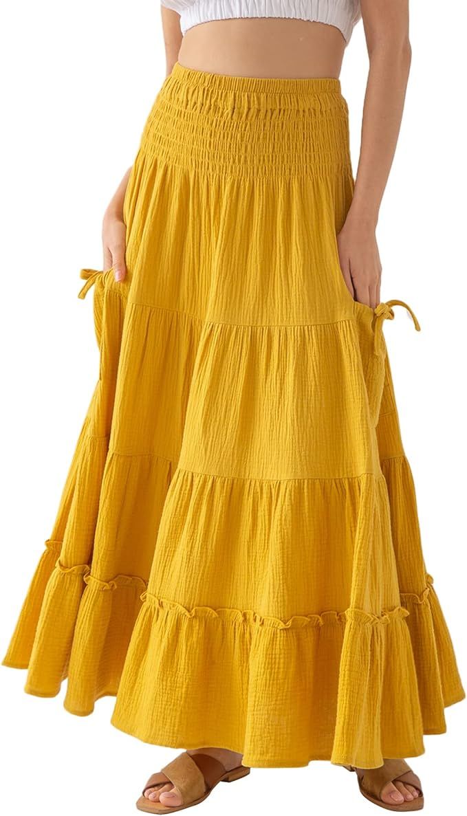Amazhiyu Womens Maxi Boho Skirt Summer Flowy Renaissance Skirt with Pockets | Amazon (US)