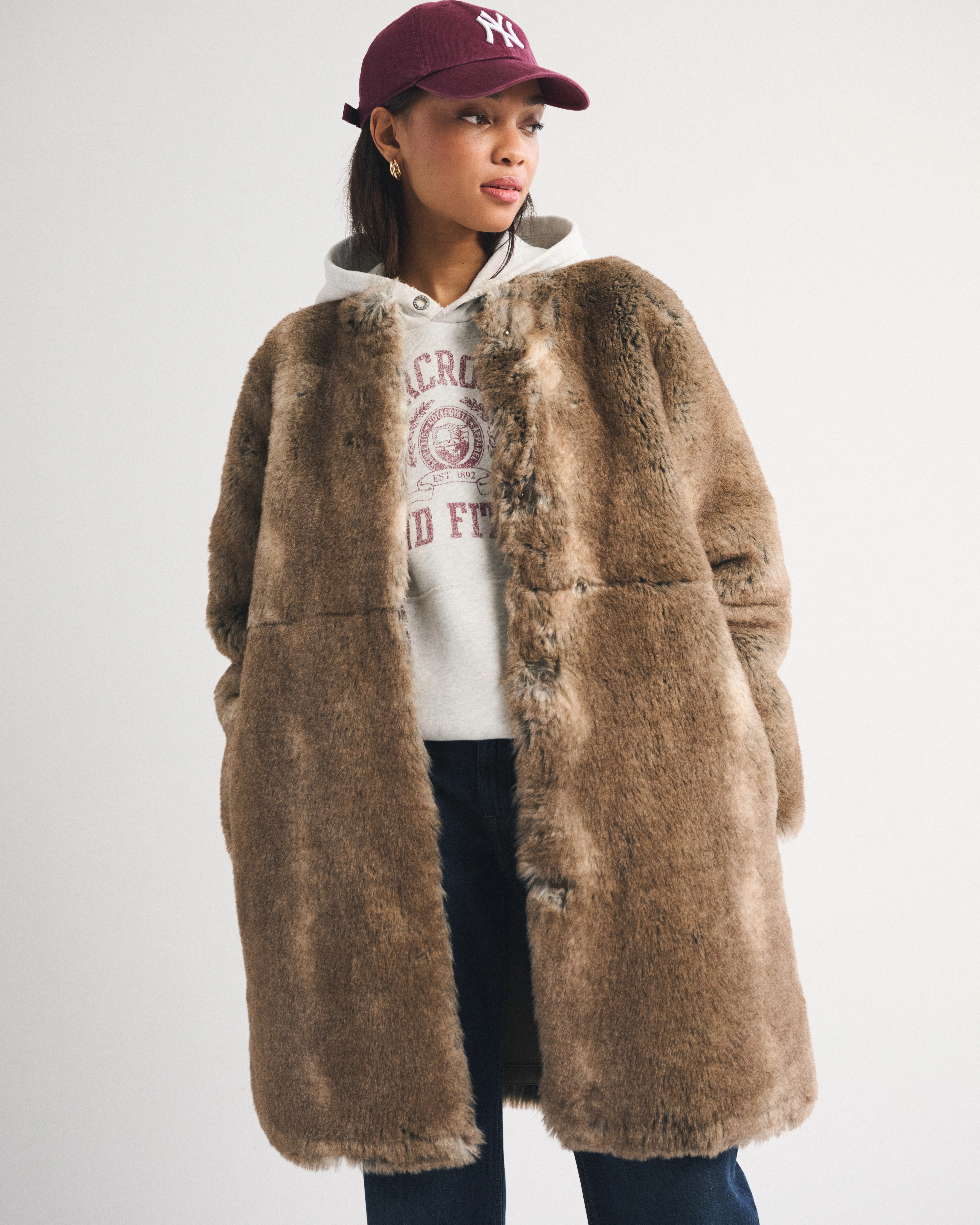 Collarless Mid-Length Faux Fur Shearling Coat | Abercrombie & Fitch (US)